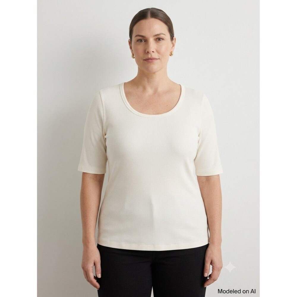 Quince Women's White Ribbed Stretch Knit Scoop Neck 3/4 Sleeve Basic Top XL